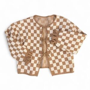 Brown+Cream Checkerboard Tie-Front Oversized Textured Indie Knit Cardigan Large